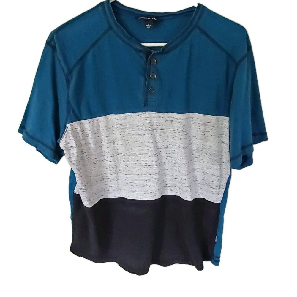 Distortion Mens Henley Shirt Size L Teal Black Striped Logo Streetwear Skater